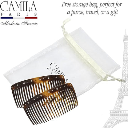 Camila Paris AD66S French Side Comb Large Curved Tortoiseshell Crystals Hair Combs for Women Fine Hair, Strong Hold Hair Comb for Women Bun Chignon Up-Do Styling Girls Hair Accessories, Made in France