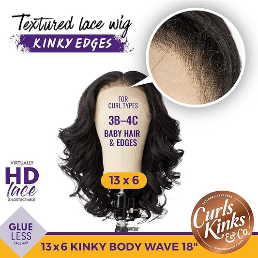 Sensationnel Curls Kinksandco Kinkyedges Wig - Kinky Body Wave 18 Inch 13X6 Lace Frontal Natural Kinkytexture Edged Hairline for Natural 3C to 4C Hair Textures (BALAYAGECHOCOLATE)