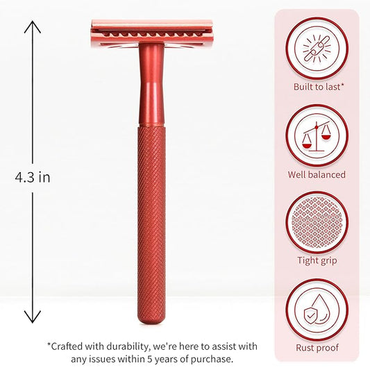Bambaw Single Blade Double Edged Safety Razor with 5 Blades, Durable Metal Razor for Men & Women, Reusable & Plastic Free Double Edge Safety Razors for Men – Red