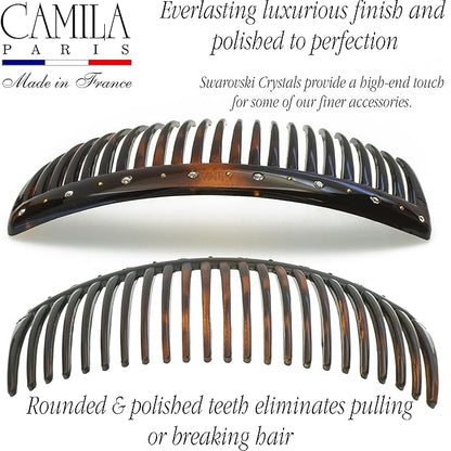 Camila Paris AD66S French Side Comb Large Curved Tortoiseshell Crystals Hair Combs for Women Fine Hair, Strong Hold Hair Comb for Women Bun Chignon Up-Do Styling Girls Hair Accessories, Made in France