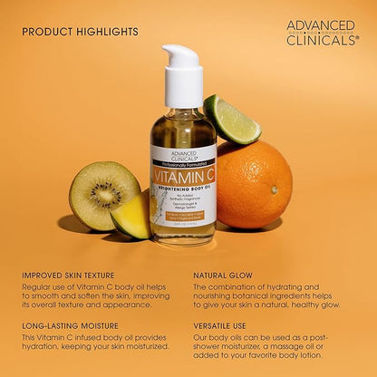 Advanced Clinicals Collagen Body Oil + Vitamin C Brightening Body Oil Moisturizer 2pc Skincare Set - Nourishing, Brightening, & Firming Massage Oil To Improve Look Of Crepe Skin + Dark Spots, 2PC Set