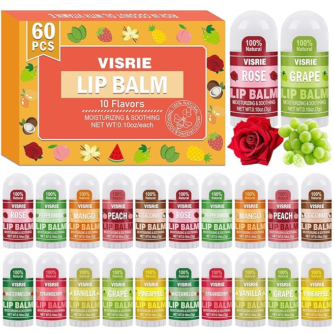 Mini Lip Balm 60 Pack, Natural Lip Balms Bulk with Vitamin E and Coconut Oil, Moisturizing Lip Balm for Dry Cracked lips - 10 Flavors