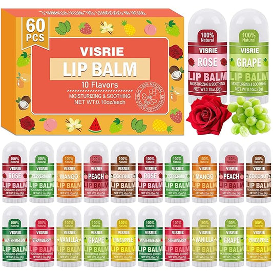 Mini Lip Balm 60 Pack, Natural Lip Balms Bulk with Vitamin E and Coconut Oil, Moisturizing Lip Balm for Dry Cracked lips - 10 Flavors