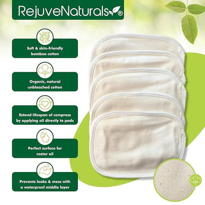 RejuveNaturals Castor Oil Pack - 8 Piece Complete Kit. Includes 16oz Glass Bottle of Organic Castor Oil, Easy to use Castor Oil Compress with Adjustable Fit, 5 Soft Cotton Pads & Soothing Heat Pack..
