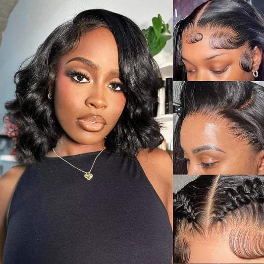 Bob Wig Human Hair 200 Density Pre Plucked 13x6 Body Wave HD Lace Front Wigs Human Hair Glueless Lace Frontal Wigs Short Bob Wigs for Black Women 12 Inch