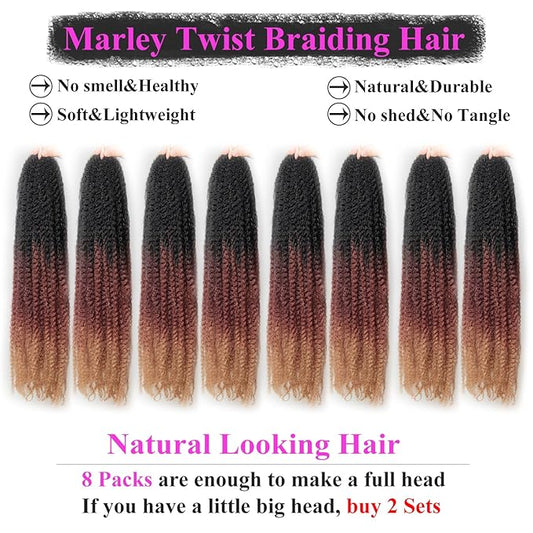 Marley Twist Braiding Hair 24 Inch 8 Packs – Long-Lasting Marley Hair, Fluffy&Tangle-Free Cuban Twist Hair for Braiding, Natural Look Synthetic Spring Afro Kinky Twist Hair Extensions (T1B/30/27)