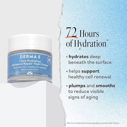 Derma E Ultra Hydrating Night Cream, Advanced Repair Overnight Face Moisturizer with Hyaluronic Acid to Replenish, Smooth and Nourish Skin, 2 oz