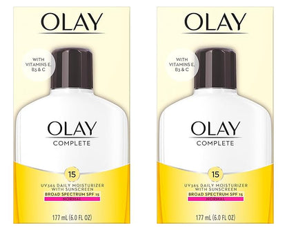 Olay Face Moisturizer Complete Lotion All Day Daily Facial Moisturizing Lotion SPF 15 for Normal Skin and Hydration, Oil-Free Non-Greasy, 6 Fl Oz (Pack of 2)