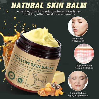 Tallow Castor Oil Frankincense Oil Handmade Skin Balm, Face & Body Moisturizer for Sensitive Skin, Eczema All-Purpose Balm, 100% Grass-Fed Tallow for Skin Care