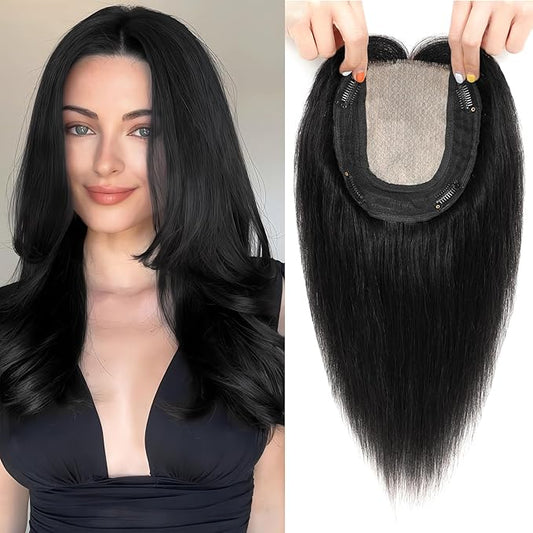 Hair Toppers for Women Real Human Hair, 360° 3D Toppers Pieces for Women with Thinning Crown Side Bangs 12 Inch Upgrade Big Basement (Black, 12 Inch Side Bangs)