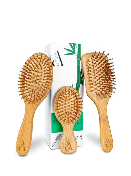 3 Pcs. Bamboo Hair Brush Set for Hair Growth, Detangling Brush, Scalp Massager with Natural Bamboo Bristles & Paddle Brush - For all hair types; Curly, Straight & Wavy - For Women, Men and Kids