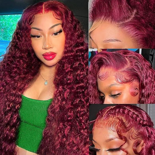 CHEETAHBEAUTY 99J Burgundy Deep Wave 13X6 HD Transparent Lace Front Wigs Human Hair Brazilian Virgin Human Hair Wigs for Black Women Pre Plucked with Baby Hair 250% Density(16inch)