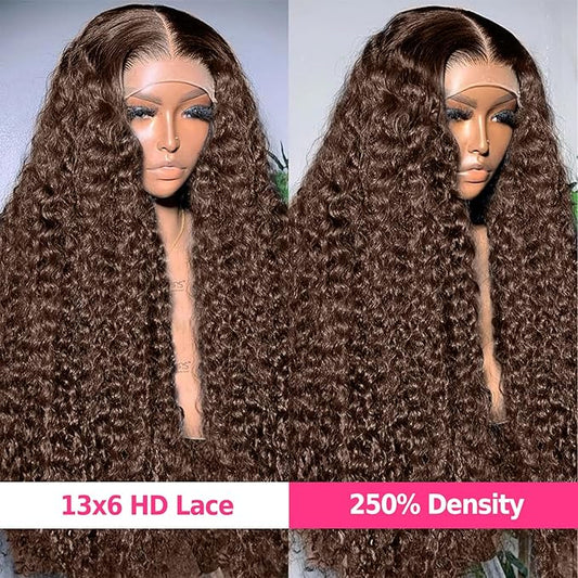 CHEETAHBEAUTY #4 Chocolate Brown Deep Wave 13X6 HD Transparent Lace Front Wigs Brazilian 10A Grade Deep Curly Human Hair Wigs for Black Women Pre Plucked with Baby Hair 250% Density(16inch)