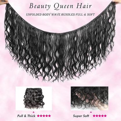 Beauty Queen Body Wave Bundles Human Hair (18 16 14 Inch) 16A Brazilian Virgin Human Hair Bundles 100% Unprocessed Weave 3 Bundles Full And Thick Remy Hair Extensions Natural Color
