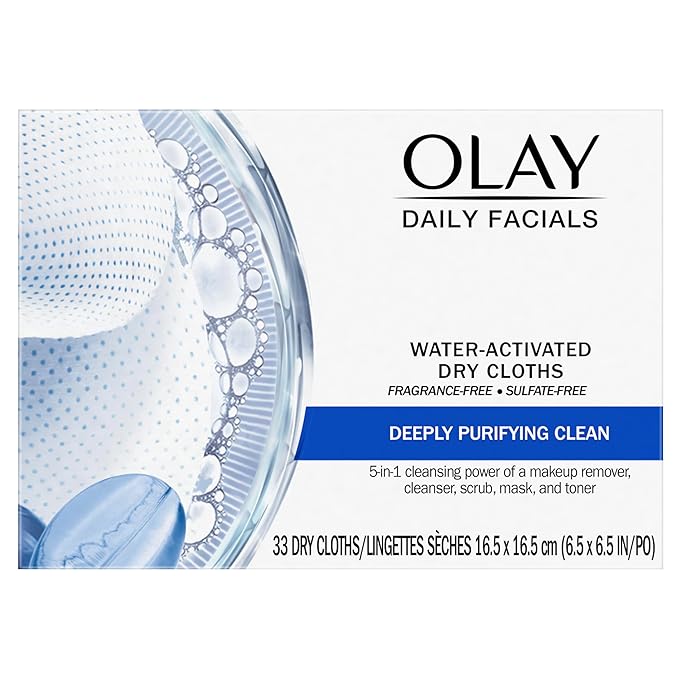 Olay Daily Facials, Deeply Purifying Clean, 5-in-1 Cleansing Wipes with Power of a Makeup Remover, Scrub, Toner, Mask and Cleanser, 33 Count