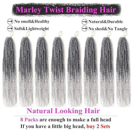 Marley Twist Braiding Hair 18 Inch 8 Packs – Long-Lasting Marley Hair, Fluffy&Tangle-Free Cuban Twist Hair for Braiding, Natural Look Synthetic Spring Afro Kinky Twist Hair Extensions (1B/Grey)