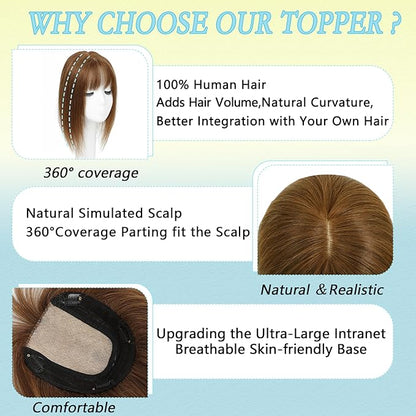 Hair Toppers for Women Real Human Hair, 360° 3D Toppers Pieces for Women with Thinning Crown Wispy Bangs 14 Inch Upgrade Big Basement (Light Brown, 14 Inch Wispy Bangs)