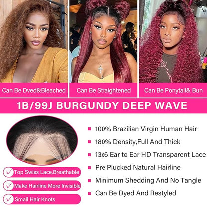99j Burgundy Curly Lace Front Wigs Human Hair 13x6 OmbreBlack and Burgundy Lace Frontal Wig Pre Plucked Glueless 180% Density Dark Root 1B Burgundy Curly HD Lace Wig for Women 26 Inch