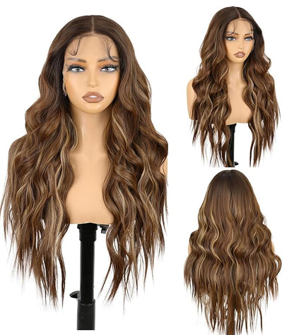 13x4 Synthetic Lace Front Wig Preplucked with Baby Hair Long Wavy Amber Brown with Highlight Wig Glueless 26 Inch Suitable for Festivals and Everyday Use