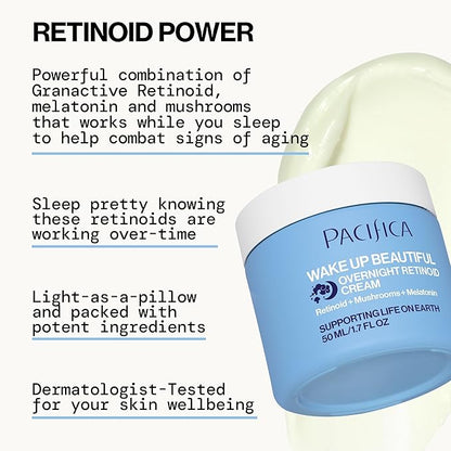 Pacifica Wake Up Beautiful Retinoid Night Cream – Overnight Anti-Aging Moisturizer with Hyaluronic Acid & Melatonin, Reduces Wrinkles & Fine Lines, Hydrating and Gentle for Dry or Mature Skin, Vegan