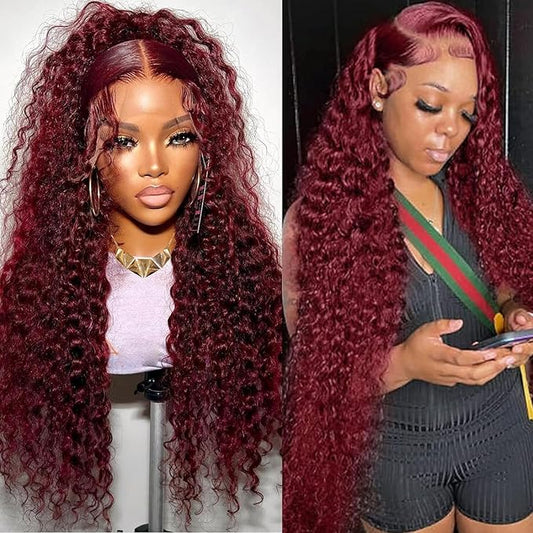 CHEETAHBEAUTY 99J Burgundy Deep Wave 13X6 HD Transparent Lace Frontal Wigs Human Hair Brazilian Virgin Human Hair Wig for Black Women Deep Curly Wigs Pre Plucked with Baby Hair 250% Density(30inch)