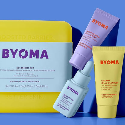 BYOMA So Bright Set - Barrier Repair Skincare Set for Brighter Skin - Creamy Jelly Cleanser, Brightening Face Serum & Ceramide Face Moisturizer - Alcohol Free Skin Care - 30ml, 15ml, 15ml