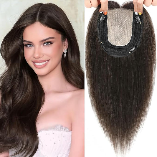 Hair Toppers for Women Real Human Hair, 360° 3D Toppers Pieces for Women with Thinning Crown Side Bangs 16 Inch Upgrade Big Basement (Dark Brown, 16 Inch Side Bangs)