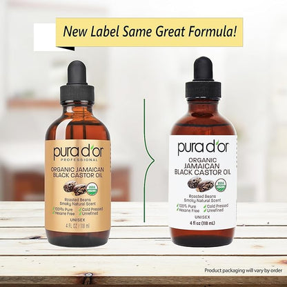 PURA D'OR 4 Oz ORGANIC Jamaican Black Castor Oil - Natural Smoky Scent - 100% Pure USDA Certified Cold Pressed, Hexane Free Eyelash & Eyebrow Serum - For Fuller, Thicker Lashes & Brows - Skin & Hair