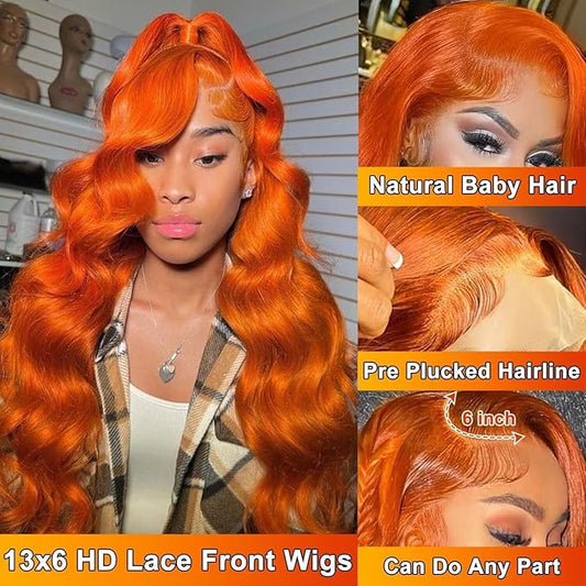 13x6 Ginger Orange Lace Front Wigs Human Hair Pre Plucked 200% Density Body Wave 13x6 HD Lace Frontal Wig Glueless 88J Colored Bralizian Virgin Human Hair Wigs for Black Women 26 inch