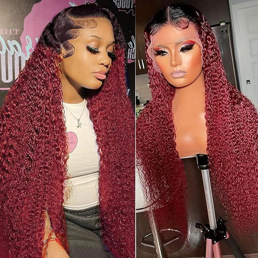 99J Burgundy Curly Lace Front Wigs Human Hair 13x6 HD Lace Frontal Wig for Women 180% Density Dark Root 1b/99j Wine Red Deep Curly Transparent Lace Wig Pre Plucked 24inch