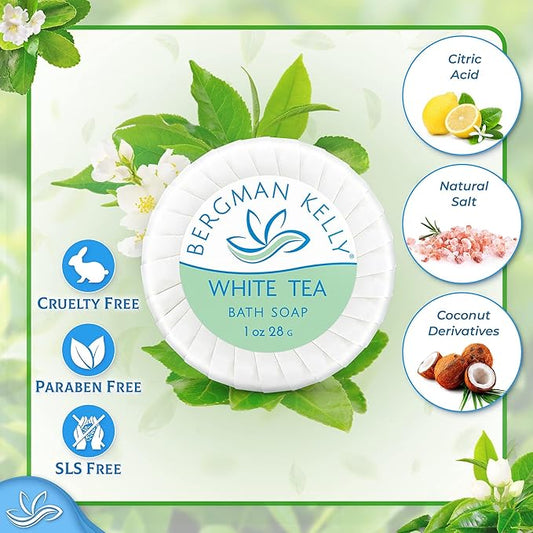 BERGMAN KELLY - Hotel Soap Bars - White Tea, 1 oz, 200 PK - Travel Size Luxury Bulk Amenities Bar Soap, Mini Individually Wrapped Round Soap - Small Toiletries for Airbnb, Motel, Guest Bathroom