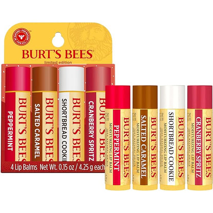 Burt's Bees Lip Balm, 100% Natural Origin, Peppermint, Salted Caramel, Shortbread Cookie and Cranberry Spritz Moisturizing Lip Balms (4-Pack)
