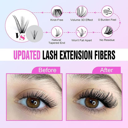 Pawotence Lash Clusters Kit Cat Eye Lash Extension Kit DIY 9-16mm Cluster Eyelash Extensions Kit 40D Individual Lashes with Lash Bond and Seal, Lash Tweezers for Self Use (Fox 40D, 9-16mm, Kit)