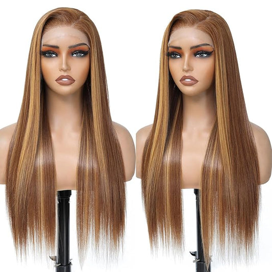 Honey Blonde Wig Glueless Wig 7x5 Synthetic Wig Highlight HD Lace Front Wig for Women Pre-Plucked Ready to Wear Wigs 26inch