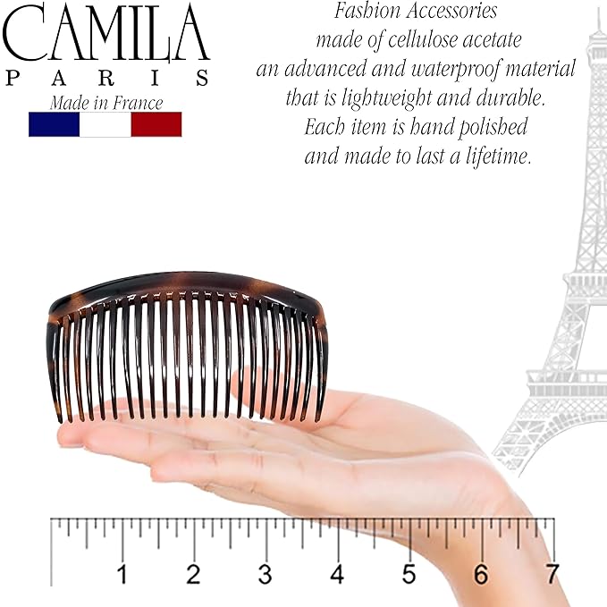Camila Paris French Side Combs Large 2 Colors Each Curved French Twist Hair Combs Decorative, Strong Hold Hair Clips for Women Bun Chignon Up-Do, No Slip Styling Girls Hair Accessories, Made in France