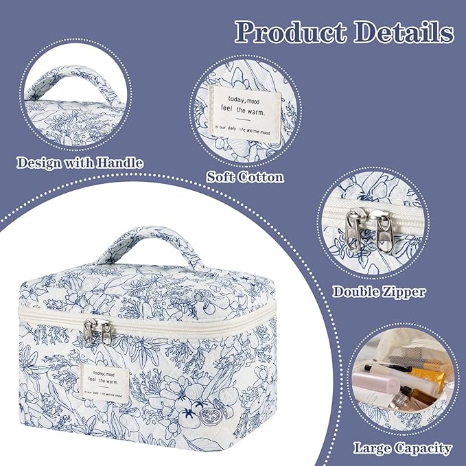 Makeup Bag, 3 Pcs Cotton Floral Quilted Makeup Bag Set, Large Toiletry Travel Cosmetic Bag for Women