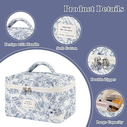 Makeup Bag, 3 Pcs Cotton Floral Quilted Makeup Bag Set, Large Toiletry Travel Cosmetic Bag for Women