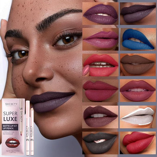 12 Colors Lip Liner Combo, Matte Nude Lipstick Long Lasting Waterproof Smooth Ultra Fine Texture High Pigmented Lip Plumping Brown Black Color Lip Pencil Makeup