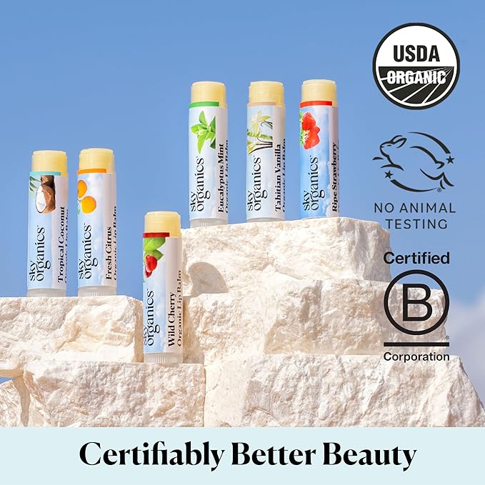 Sky Organics Organic Lip Balms With Beeswax for Lips, USDA Certified Organic, Six Assorted Flavors to Moisturize, Soothe & Soften, 6pk.
