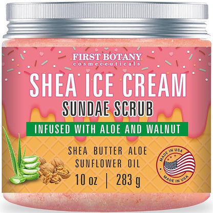 First Botany Body Scrub - Natural Exfoliating Salt Scrub & Body and Face Souffle helps with Moisturizing Skin, Acne, Cellulite, Dead Skin Scars, Wrinkles (10 fl oz, Shea Icecream)