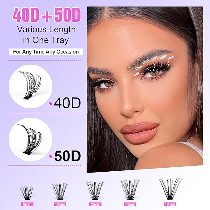 Pawotence Lash Clusters 280pcs Cluster Eyelash Extensions 40D 50D Eyelash Clusters Lash Extension 8-16mm Individual Lashes for Self Application at Home (40D&50D, 0.07D, 8-16mm)