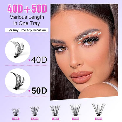 Pawotence Lash Clusters 280pcs Cluster Eyelash Extensions 40D 50D Eyelash Clusters Lash Extension 8-16mm Individual Lashes for Self Application at Home (40D&50D, 0.07D, 8-16mm)