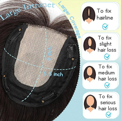 Hair Toppers for Women Real Human Hair, 360° 3D Toppers Pieces for Women with Thinning Crown Wispy Bangs 16 Inch Upgrade Big Basement (Dark Brown, 16 Inch Wispy Bangs)