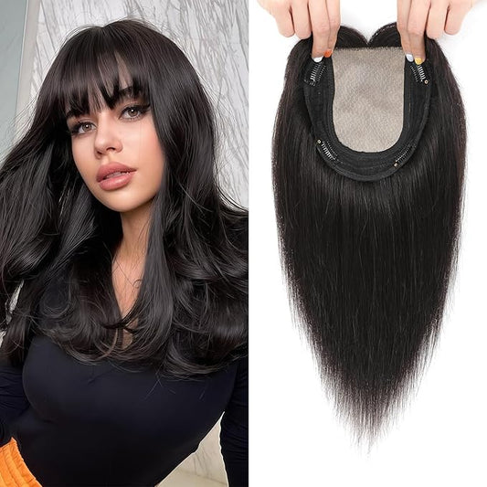 Hair Toppers for Women Real Human Hair, 360° 3D Toppers Pieces for Women with Thinning Crown Wispy Bangs 12 Inch Upgrade Big Basement (Natural Black, 12 Inch Wispy Bangs)