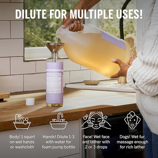 Dr. Bronner's - Pure-Castile Liquid Soap (Lavender, 1 Gallon) - Made with Organic Oils, 18-in-1 Uses: Face, Body, Hair, Laundry, Pets and Dishes, Concentrated, Vegan, Non-GMO