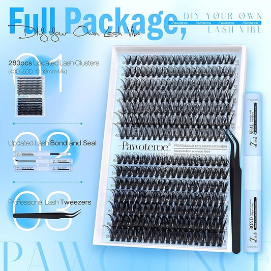 Pawotence Lash Clusters Kit 40D 60D Lash Extension Kit 10-18mm Cluster Eyelash Extension Kit Individual Lashes 280pcs Eyelash Clusters with Lash Bond and Seal, Lash Tweezers for Self Use