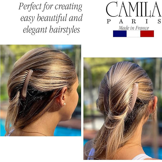 Camila Paris CP2912 French Side Combs Large Curved, Nude French Twist Hair Combs Decorative, Strong Hold Hair Clips for Women Bun Chignon Up-Do, No Slip Styling Girls Hair Accessories, Made in France