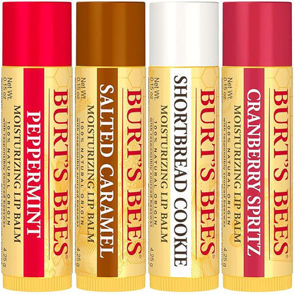 Burt's Bees Lip Balm, 100% Natural Origin, Peppermint, Salted Caramel, Shortbread Cookie and Cranberry Spritz Moisturizing Lip Balms (4-Pack)