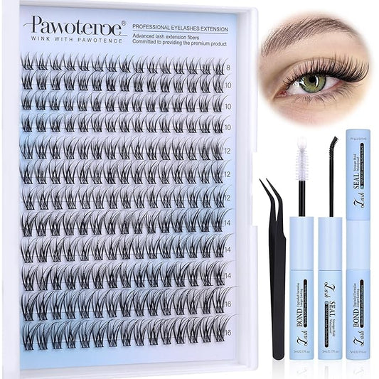 Pawotence Lash Clusters Kit Wispy Lash Extension Kit Natural 180pcs Cluster Eyelash Extensions Kit Individual Lashes 8-16mm Eyelash Clusters Kit with Lash Cluster Bond Seal and Lash Tweezers