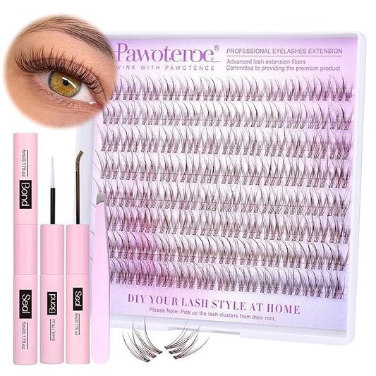 Pawotence Brown Lash Extension Kit Lash Clusters Wispy clear Band 10-12mm Individual Lashes Natural Brown Clusters Eyelash Extension Kit with Lash Bond and Seal, Lash Applicator for Self Use